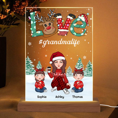 Grandma And Kids Christmas Reindeer LOVE Personalized Acrylic Rectangle LED Night Light