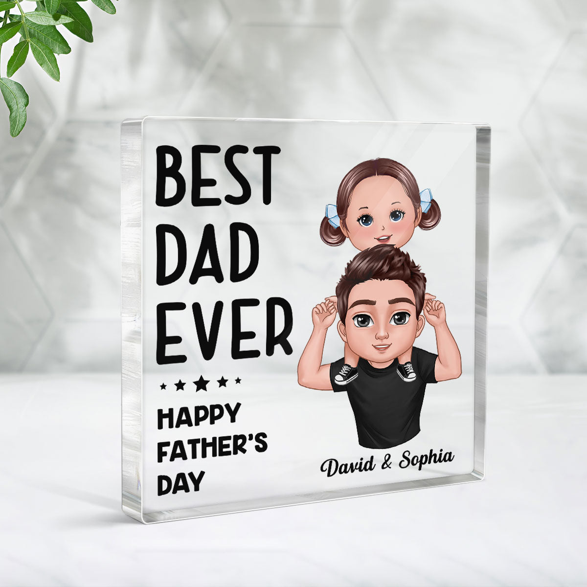 Best Dad Ever Happy Father‘s Day Doll Dad And Kids Piggyback Personalized Square Acrylic Block Plaque