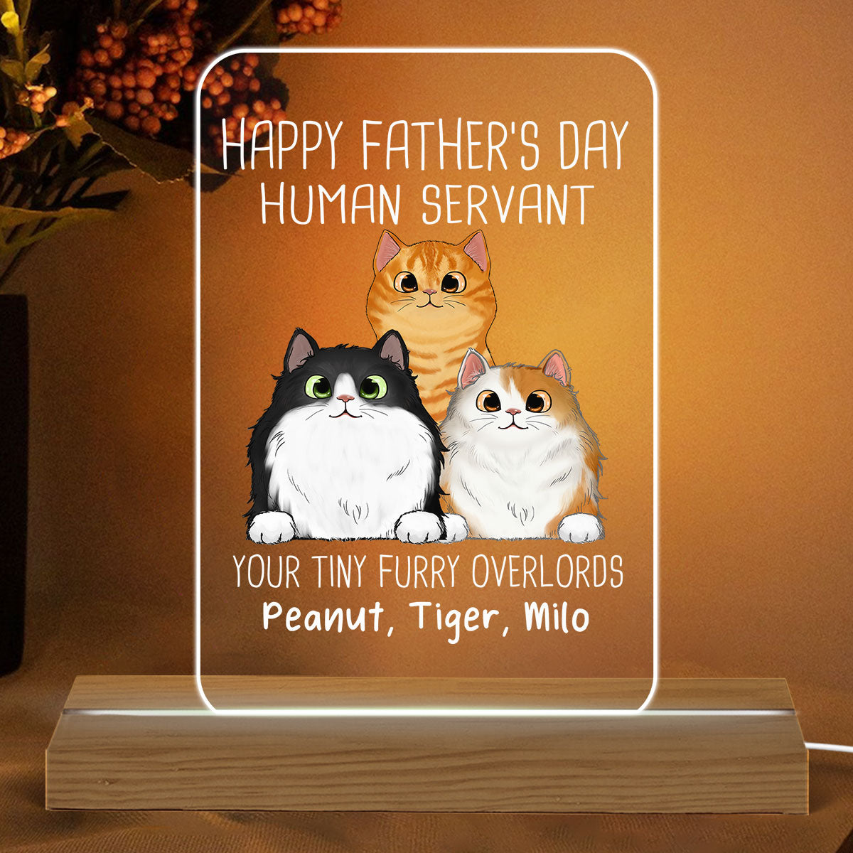 Happy Father‘s Day Human Servant Peeking Fluffy Cats Personalized Custom Shape Acrylic Plaque LED Night Light