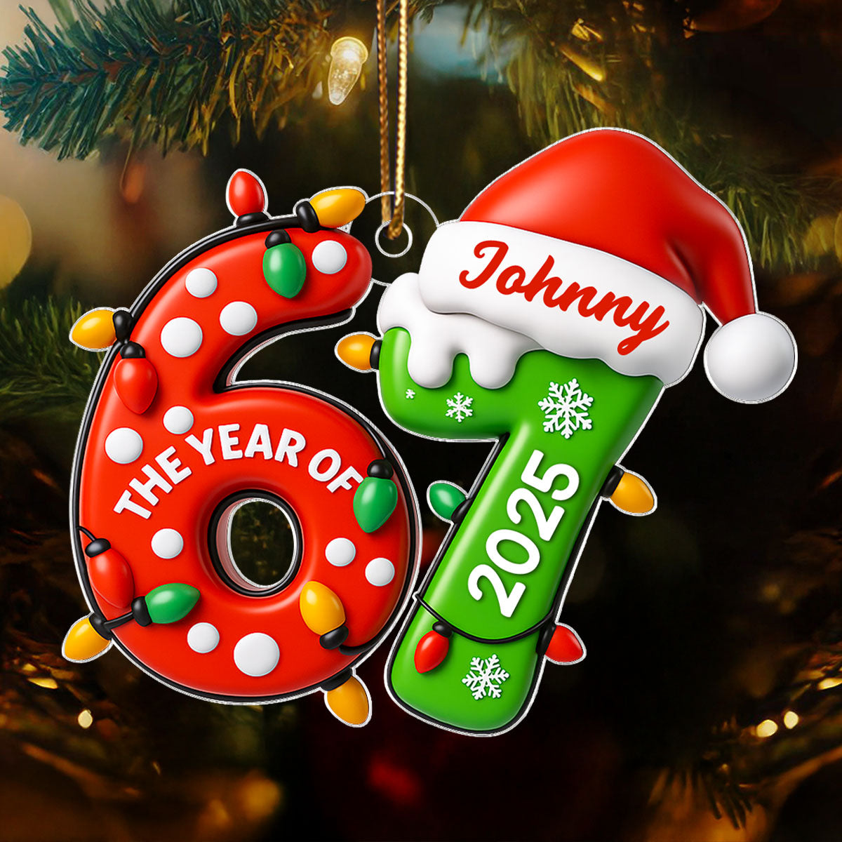 Lights and Santa Hat Six Seven - Personalized Acrylic Ornament - Fun Christmas Decoration, Christmas Gift For Teen, Grandkid, Gen Alpha