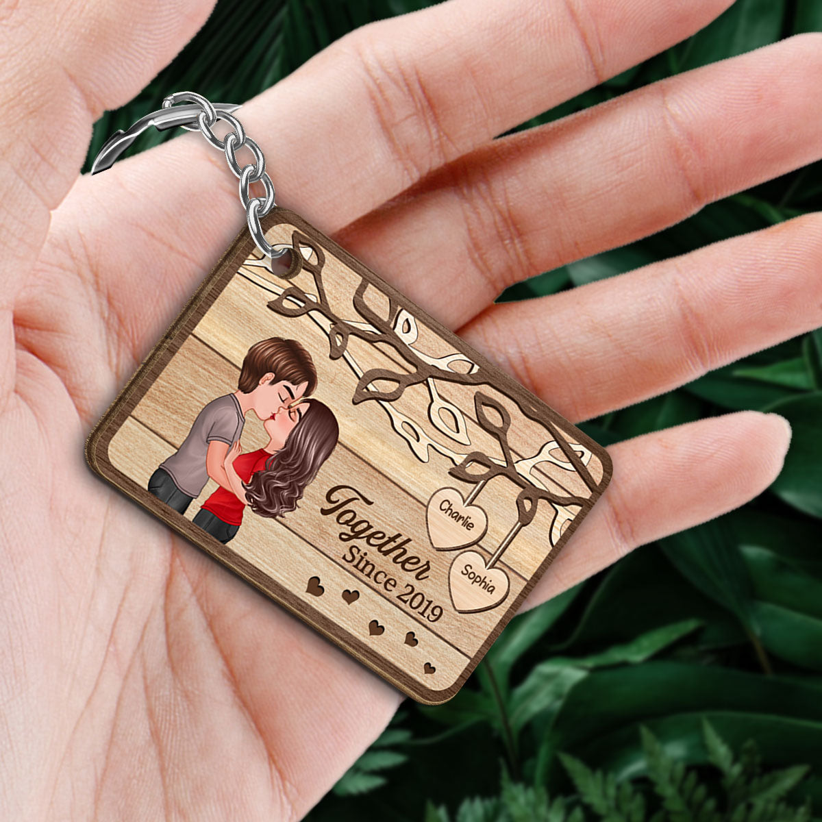 Couple Kissing Under Tree Personalized Wooden Keychain