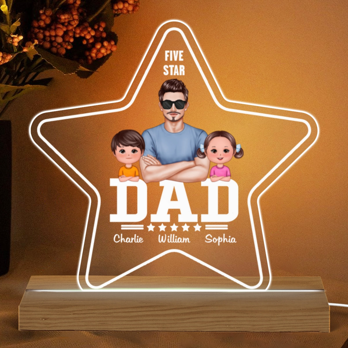 Five - Star Real Man And Kids Crossed Arm Personalized Warm Acrylic Custom Shape LED Night Light