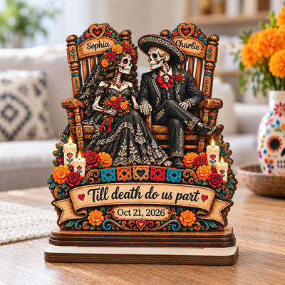 Till Death Do Us Part Skeleton 2D Flat - Personalized 2-Layered Wooden Plaque - Skull Decor Anniversary Wedding Gift for Couple, Gothic Home Decor, Dia de los Muertos, Day of the Dead Gift