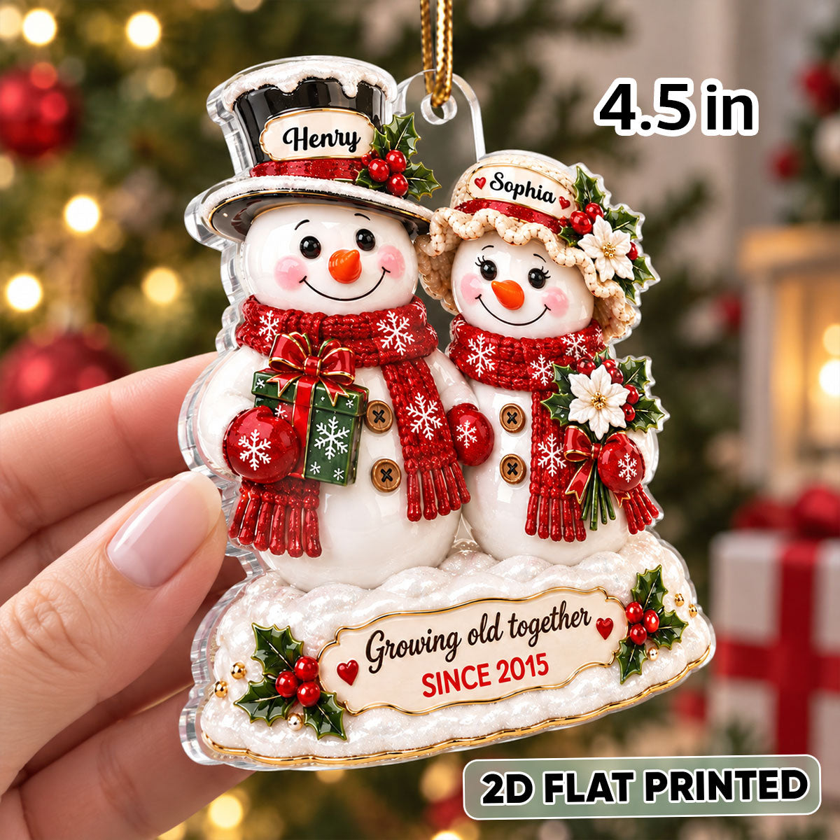 Snowman Couple Growing Old Together - Personalized Acrylic Ornament - Christmas Keepsake Gift for Her, Gift for Him