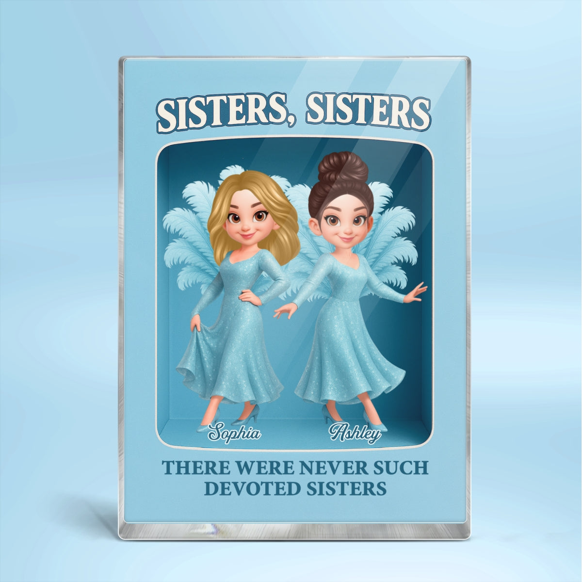 Pretty Cartoon Sisters Besties Blue Dress Toy Box Figure Style Personalized Acrylic Block Plaque