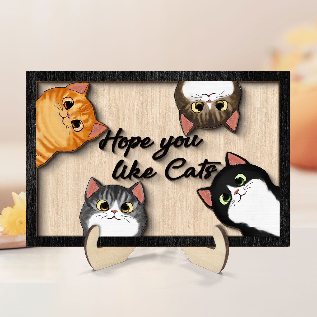 Hope You Like Cats Peeking Fluffy Cats Personalized 2-Layer Wooden Plaque