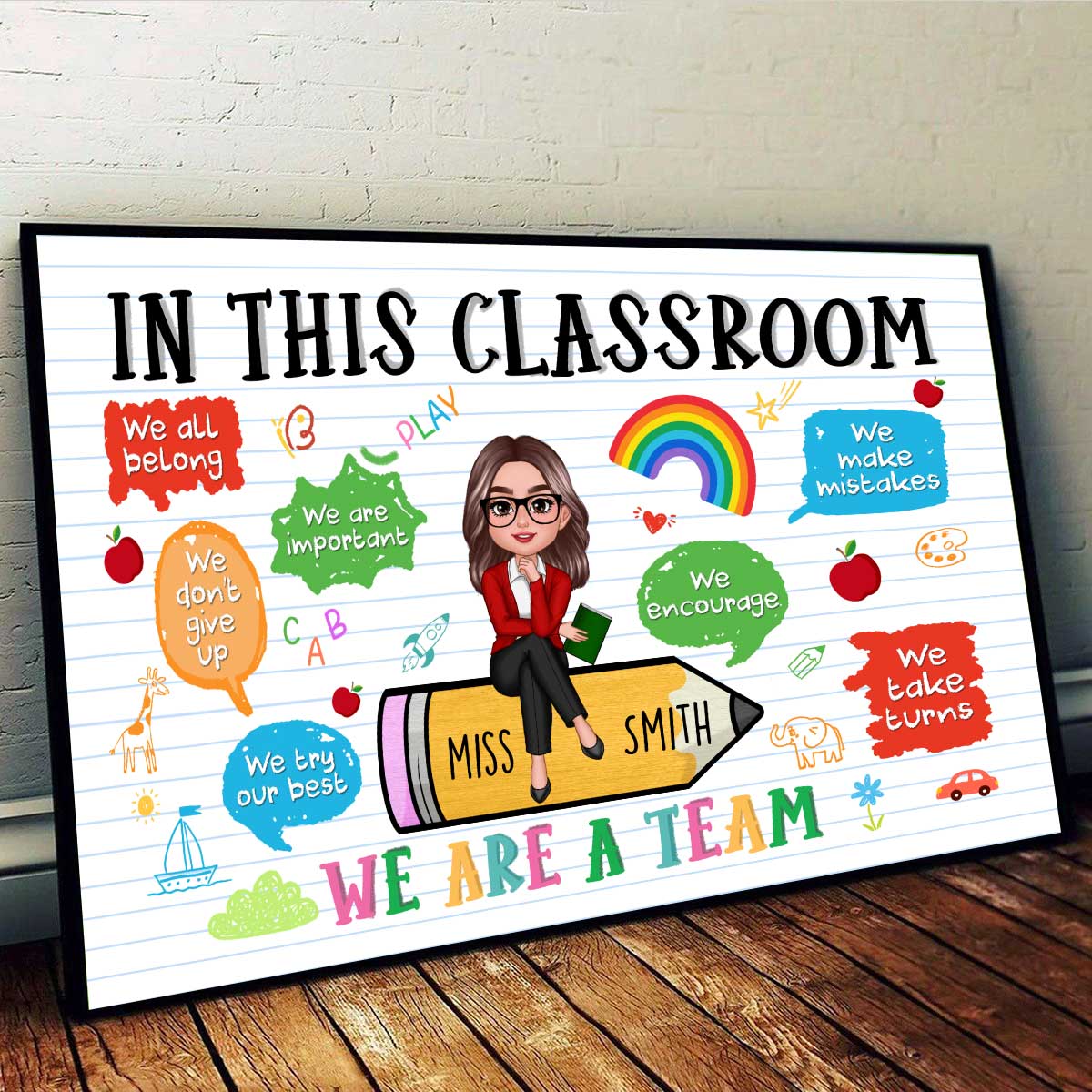 Teacher Sitting On Pencil Personalized Poster, Gift For Teacher, Appreciation Gift, Back To School, Teacher Classroom Decor