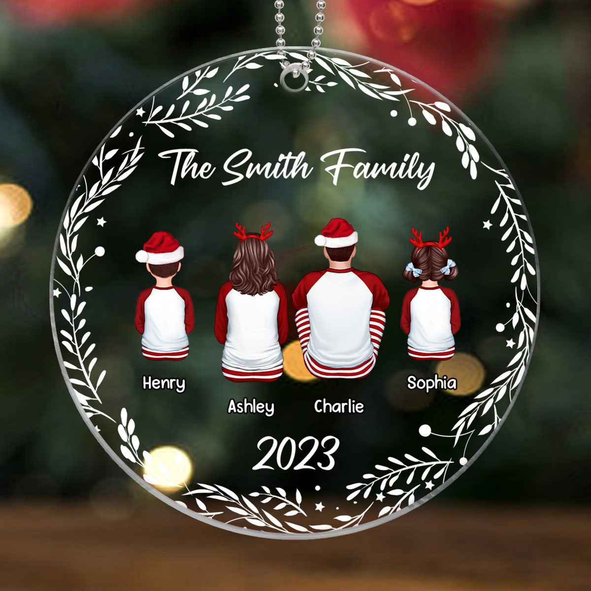 Family Sitting Back View White Frame Personalized Acrylic Ornament