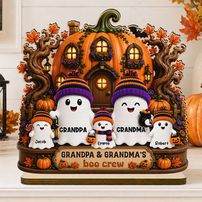 Whimsical Pumpkins House Halloween Grandma Grandpa's Boo Crew - Personalized 2-Layered Wooden Plaque - Halloween Decor For Grandparents