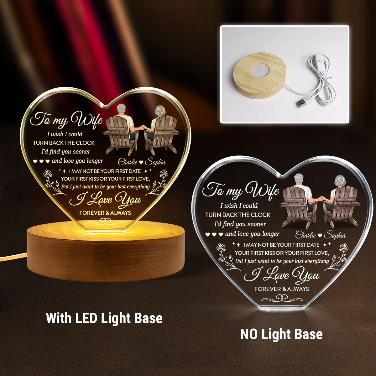 To My Wife I Wish I Could Turn Back The Clock Premium Crystal Heart LED, Heartfelt Personalized Couple Anniversary Gift For Couple, Last-minute Valentine's Gift For Her, For Wife, FREE DELIVERY