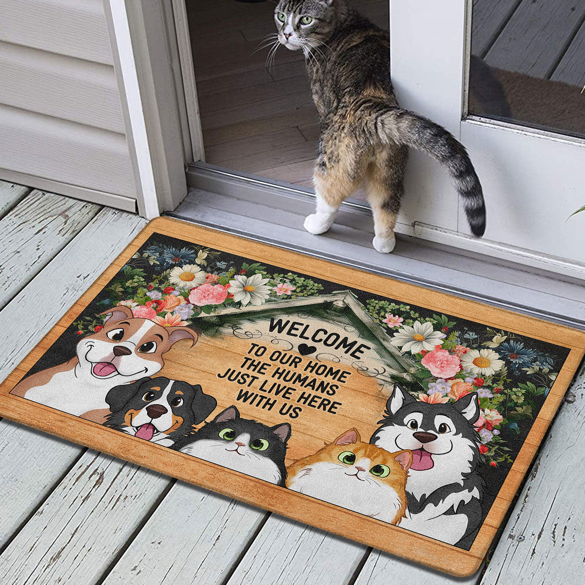 Welcome To Our Home Peeking Dogs Cats Personalized Door Mat