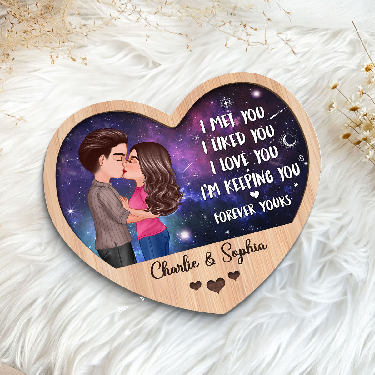 Galaxy Night Couple Kissing I Met You Personalized 2-Layer Wooden Plaque