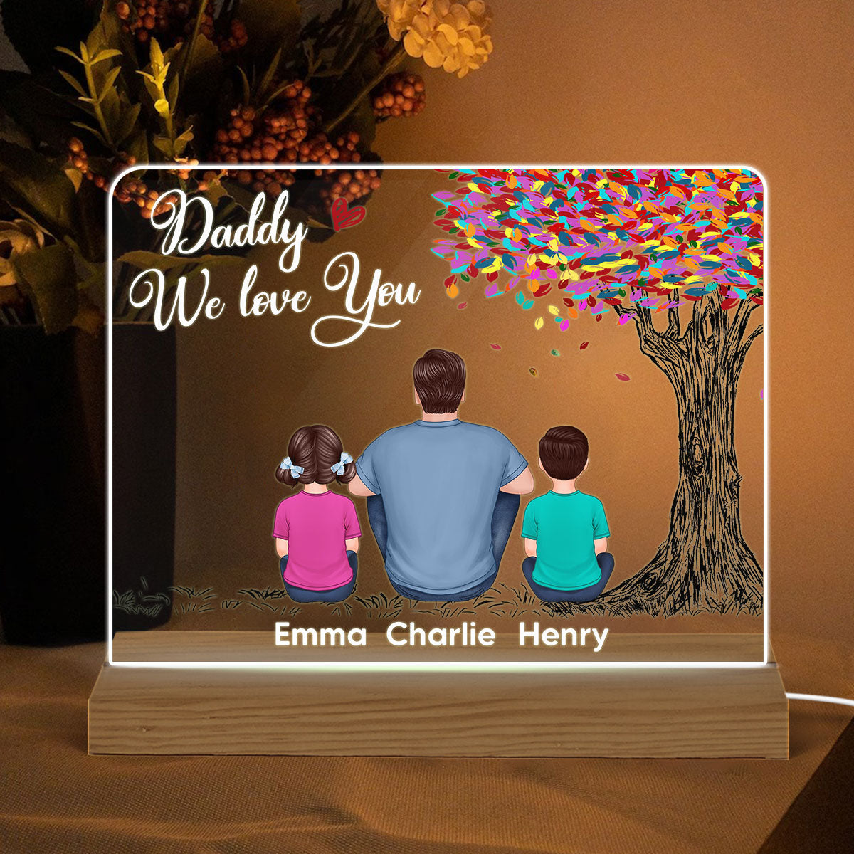 Best Dad Ever Colorful Tree Personalized Custom Shape Warm LED Night Light