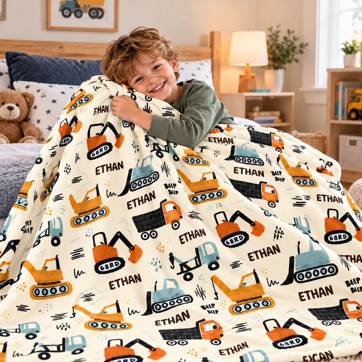 Construction Vehicle Custom Baby Name - Personalized Fleece Blanket - Nursery Construction Theme For Baby Boy