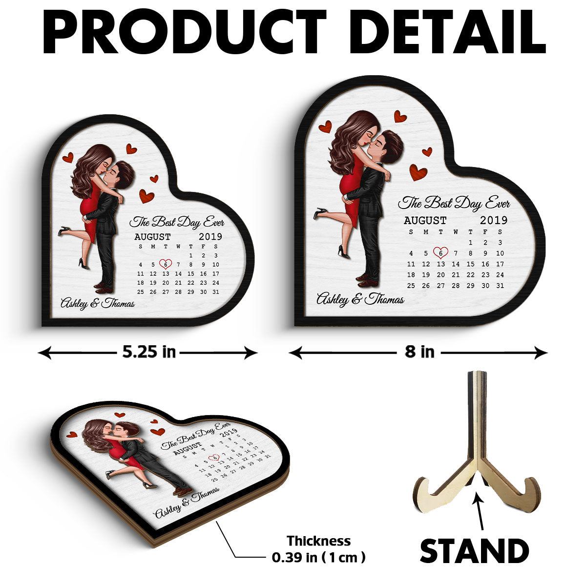 Doll Couple Hugging Kissing Calendar Anniversary Date Gift For Couple Gift For Him Gift For Her Personalized Heart Shaped 2 Layer Wooden Plaque