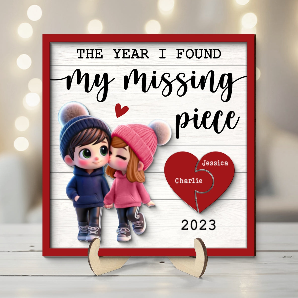 The Year I Found My Missing Piece Cute Couple Walking Personalized 2-Layered Wooden Plaque,  Gift for him, Gift for her
