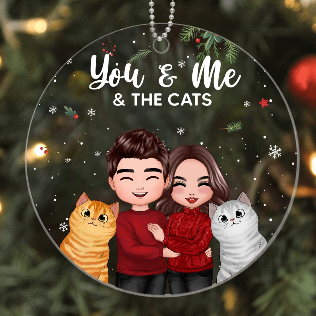 Doll Couple Standing Hugging You Me And The Cats Christmas Personalized Circle Ornament