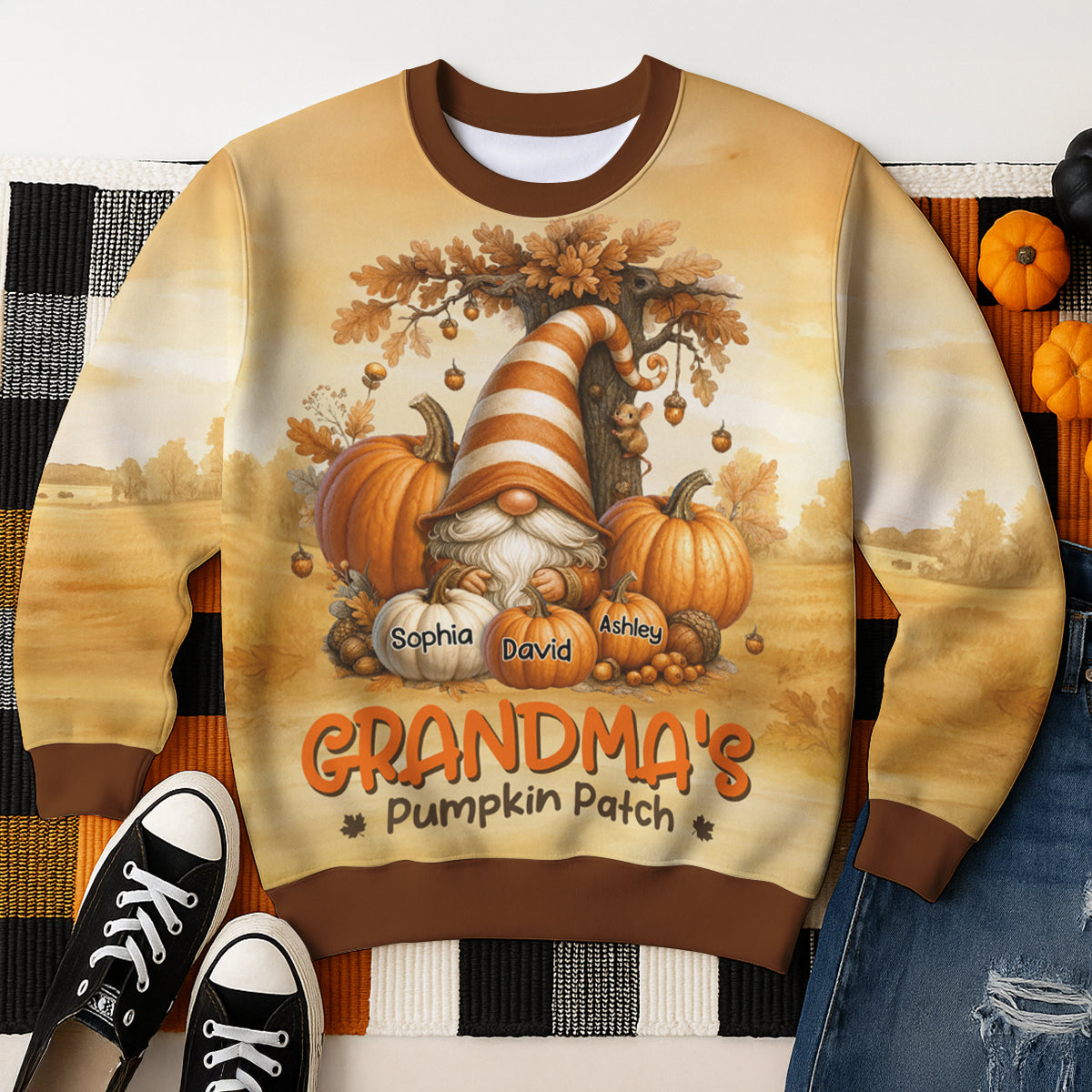 Gnome Grandma's Pumpkin 3D Personalized Fall Sweatshirt, Cozy Fall Sweatshirt for Grandma