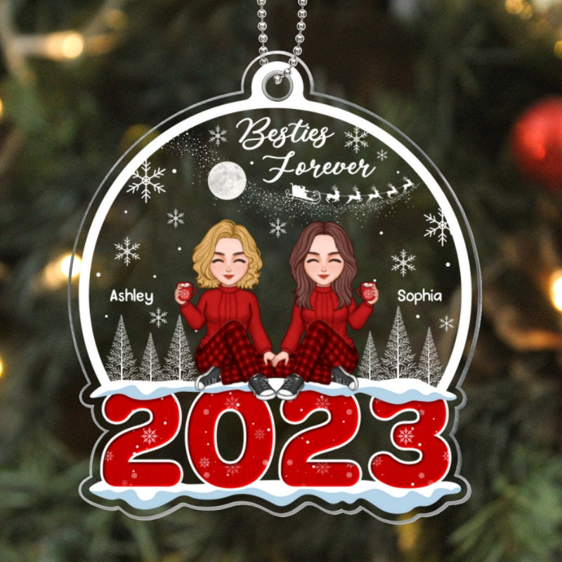 Cute Besties Sisters Sitting On Snow 2023 Christmas Sleigh Personalized Acrylic Ornament