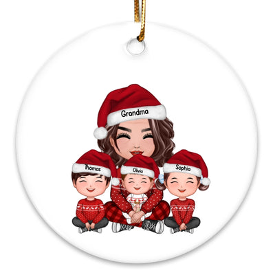 Grandma & Grandkids Sitting Happy Face Crossed Legs Personalized Circle Ornament