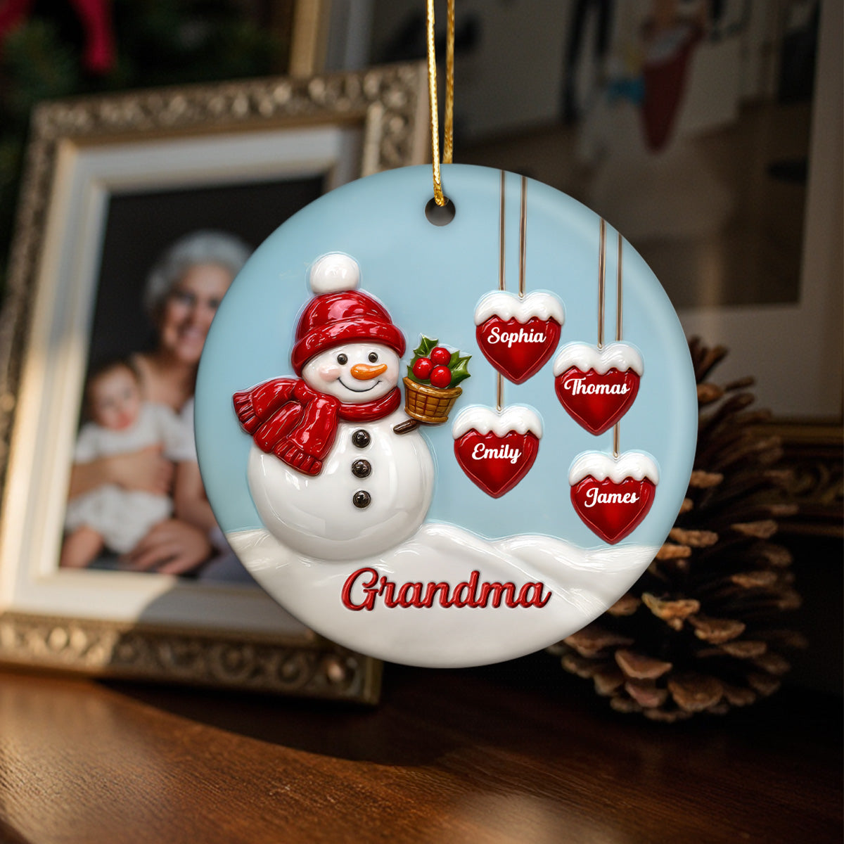 3D Effect Grandma Snowman - Personalized Ceramic Ornament - Christmas Decor For Grandma