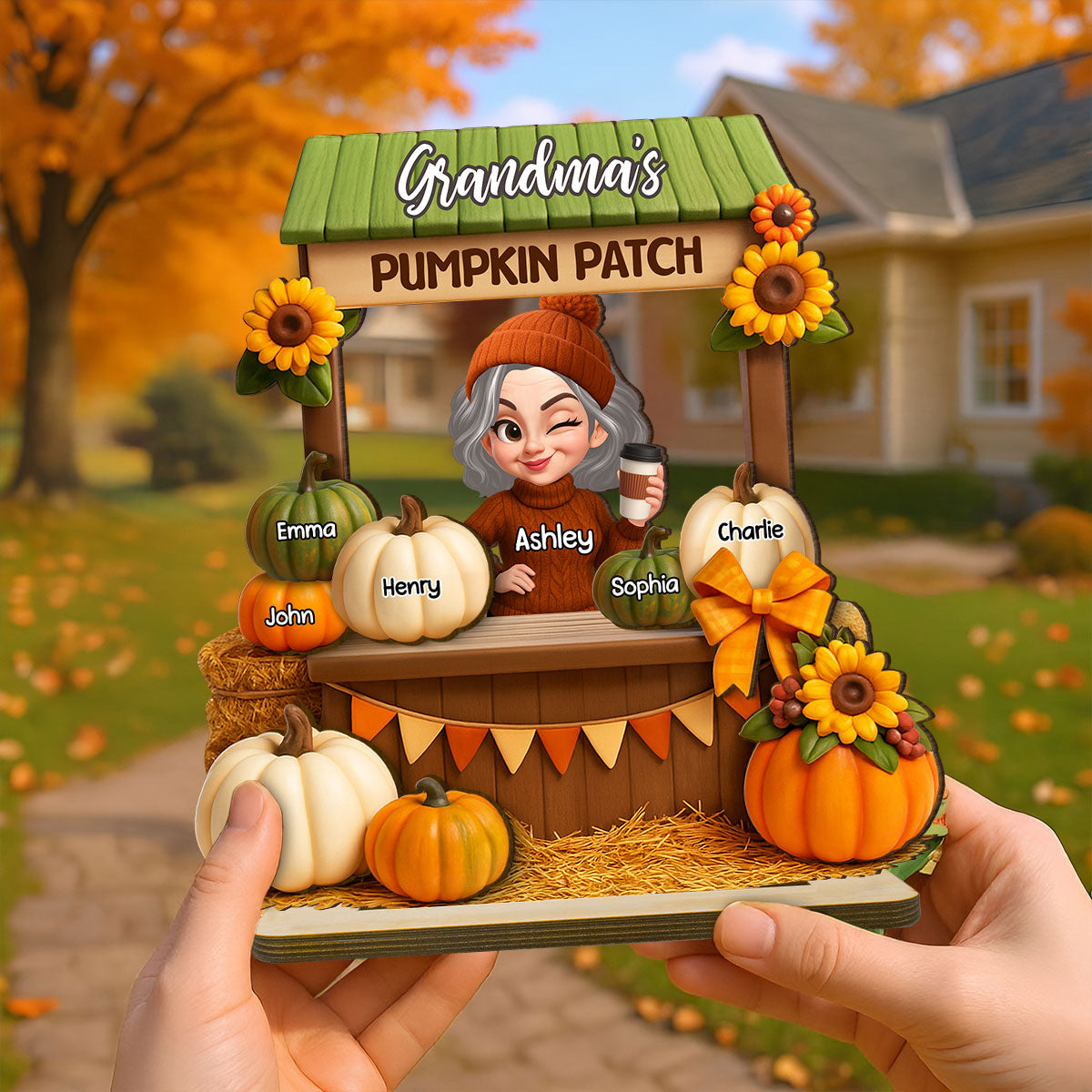 Grandma Mom Fall Season Pumpkin Stand 3D Effect Personalized Wooden Plaque