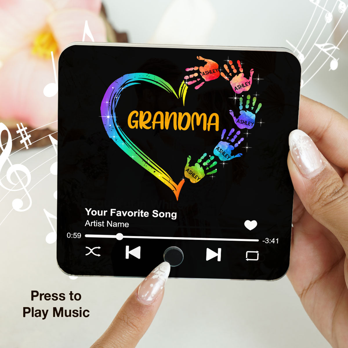 Grandma Mom Heart Hand Print Personalized Music Fridge Magnet, Heartfelt Gift for Grandma, Mom