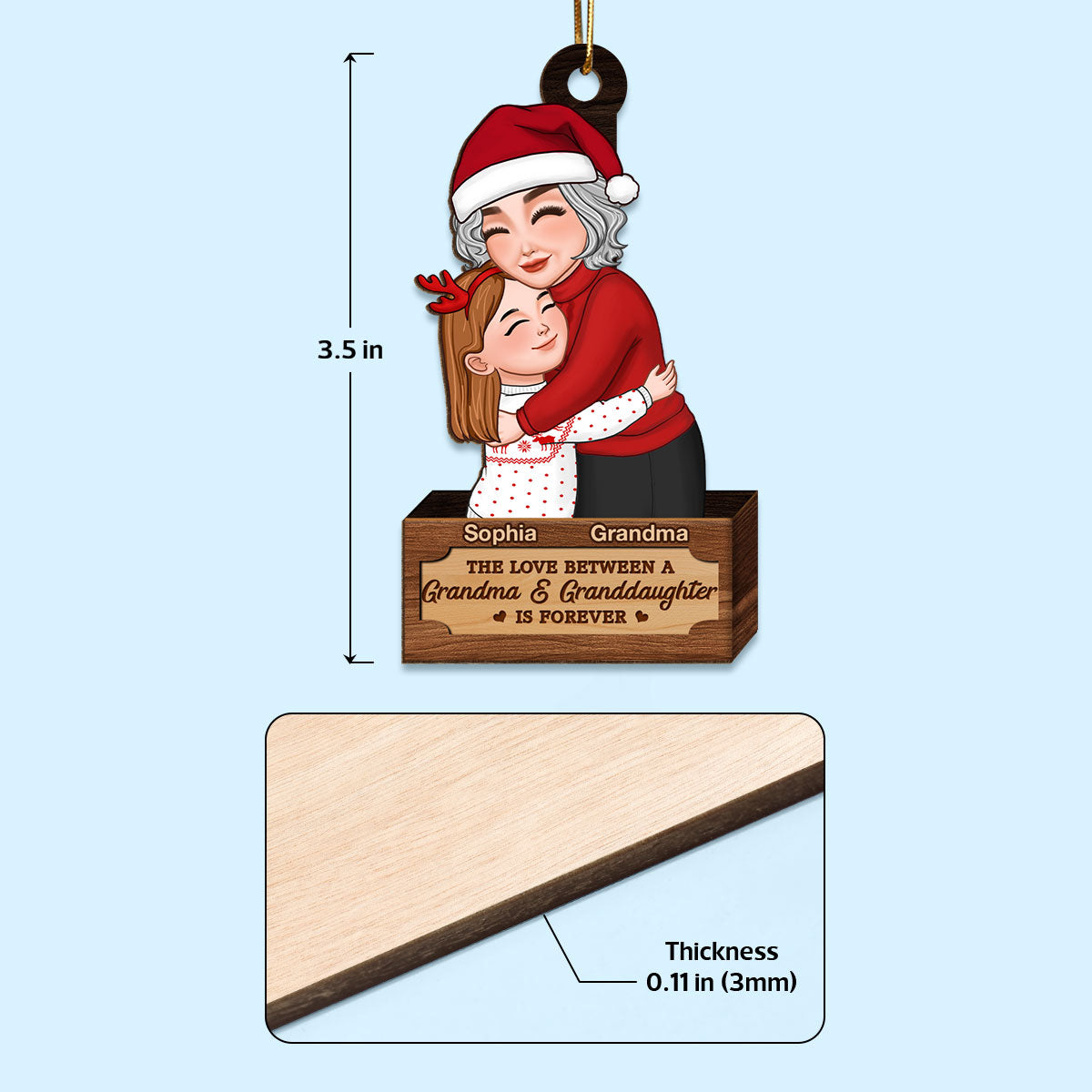 Grandma & Grandkid Hugging In Christmas Box Personalized Wooden Ornament