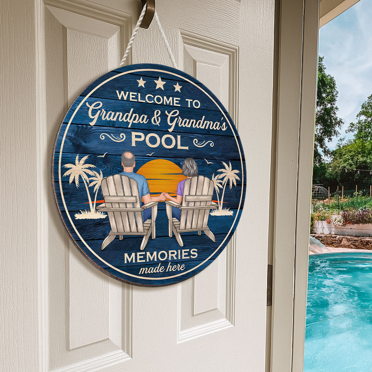 Welcome To Grandpa Grandma Grandparents Pool Summer Retro Vintage Personalized Wood Sign