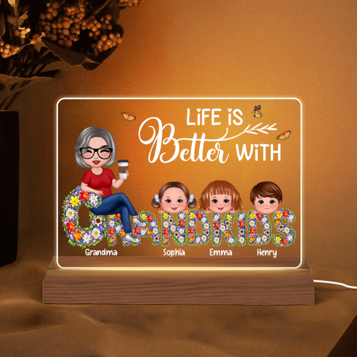 Grandma Grandkids On Floral Words Personalized Acrylic Custom Shape LED Night Light