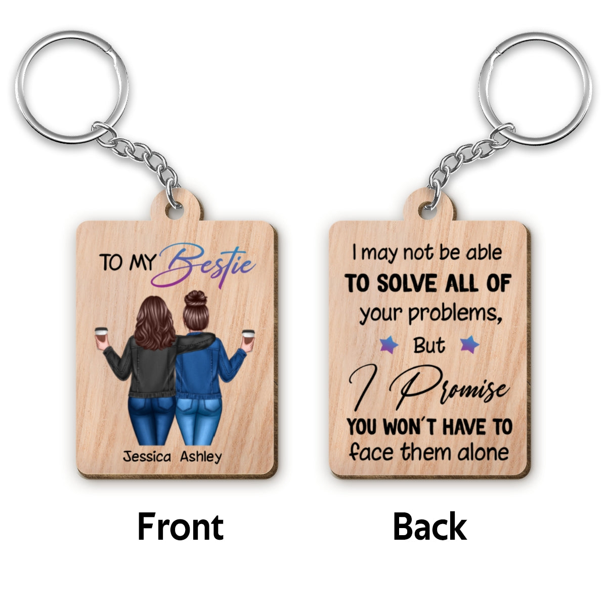 Back View Besties To My Bestie Personalized Wooden Keychain