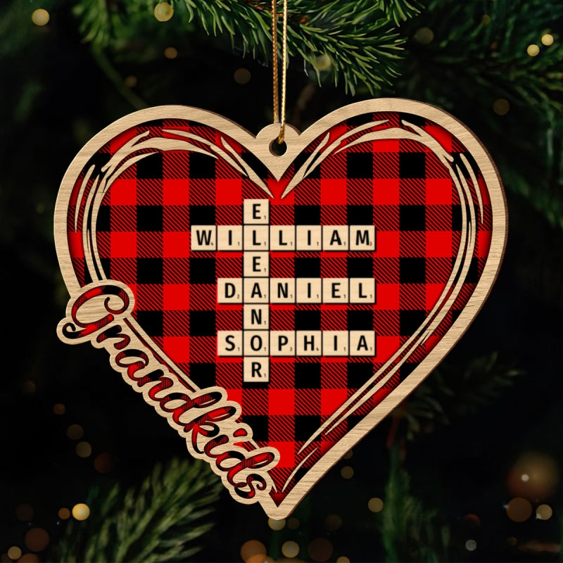 Checkered Heart Crossword Puzzle Art Personalized Wooden Ornament, Christmas Gift for Grandkids, Granddaughter Grandson, Gift for Grandma