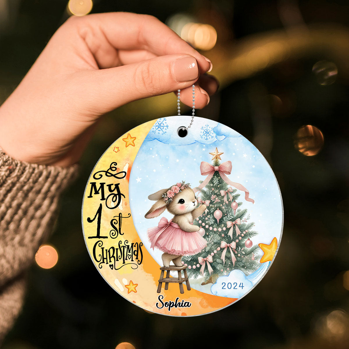 Baby's First Christmas Rabbit On Moon Personalized Acrylic Ornament, Baby's First Christmas Keepsake for New Mom New Dad