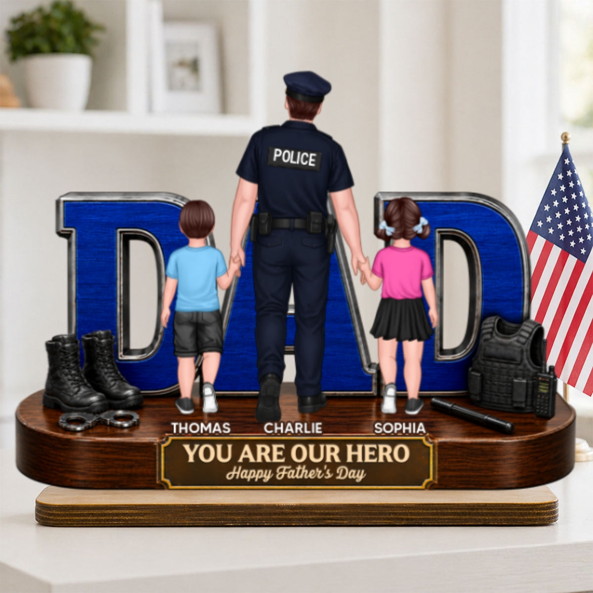 Proud American Police Dad You Are Our Hero - Personalized 2-Layered Wooden Plaque - Unique Trending Father's Day Gift For Dad, Husband