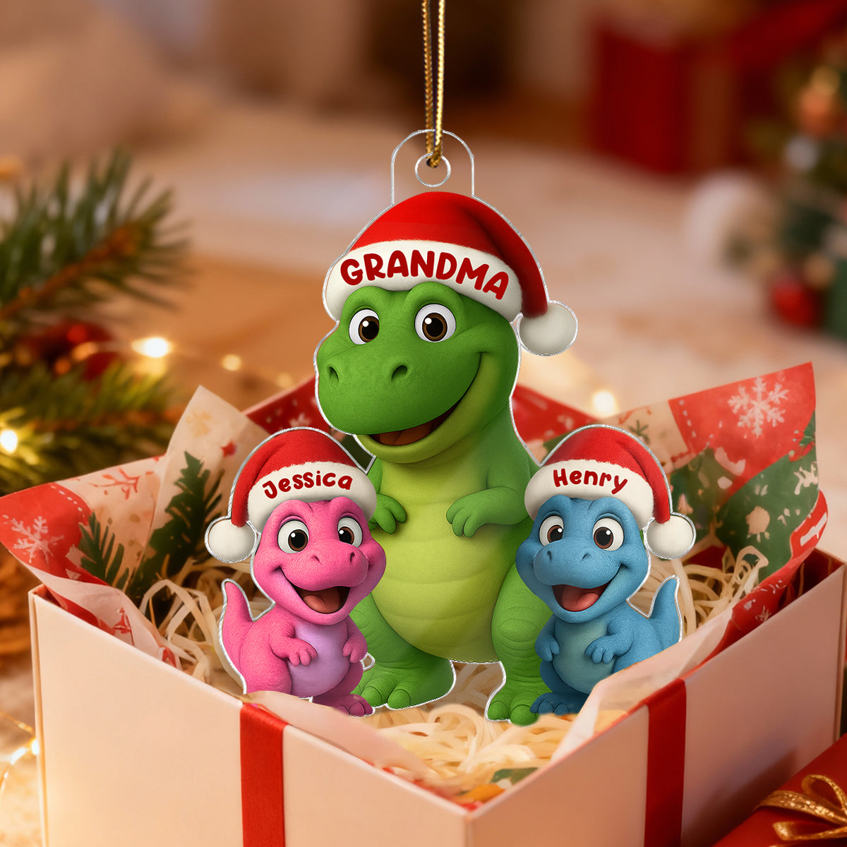 3D Effect Cute Christmas Dinosaur Grandmasaurus And Grandkids - Personalized Acrylic Ornament - Gift For Grandkids, Grandmas