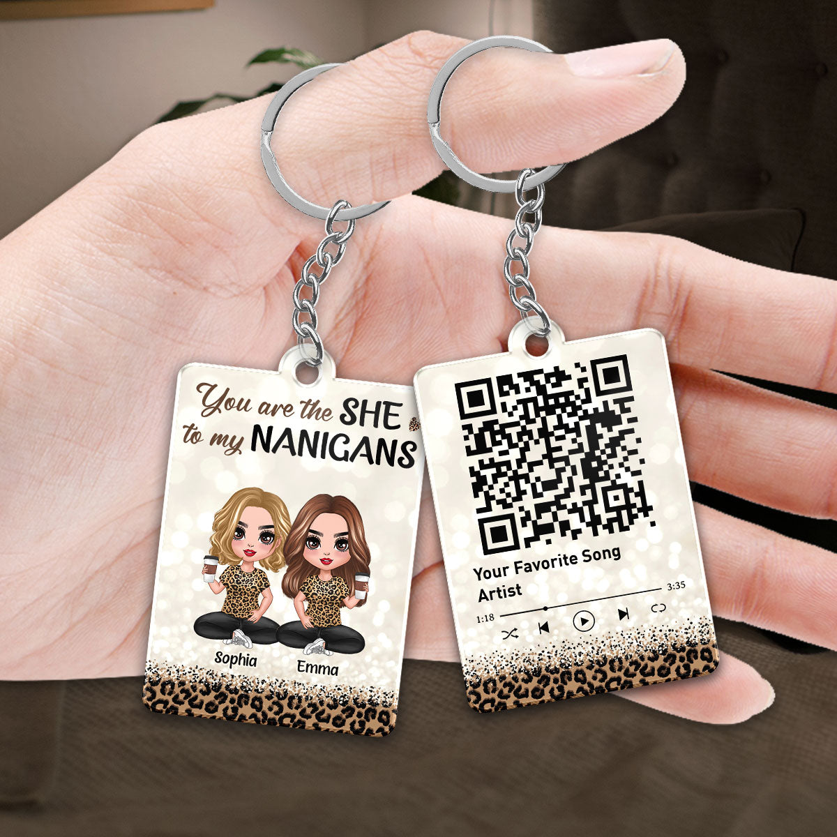 Leopard Pattern Doll Besties Sisters Sitting Favorite Song Scannable QR Code Personalized Acrylic Keychain