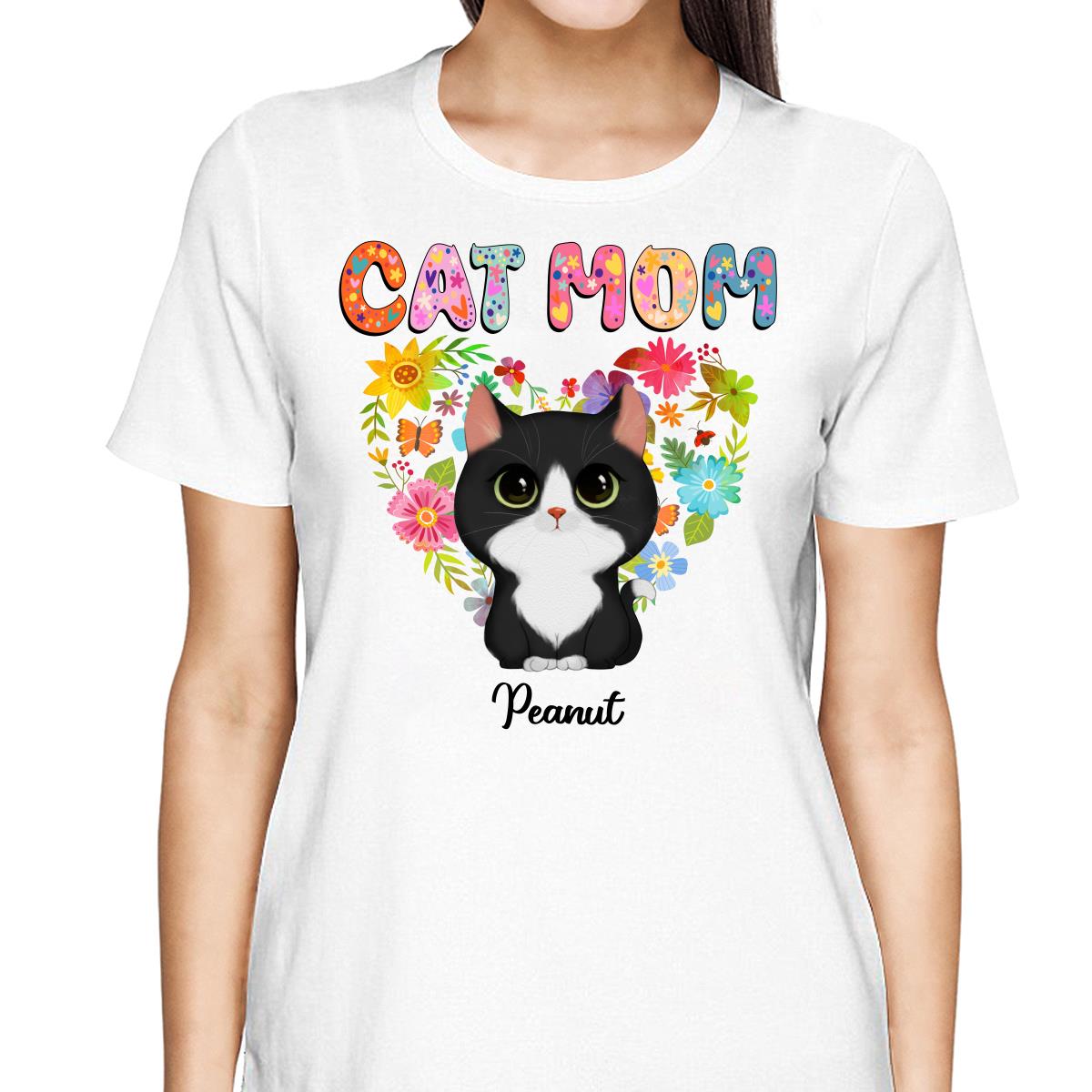 Cat Mom Floral Heart Watercolor Cute Cats Personalized Shirt