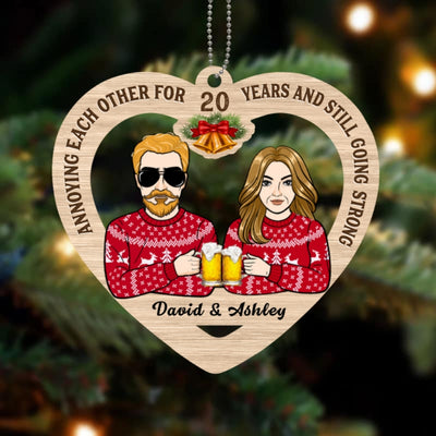 Couple Annoying Each Other Heart Shaped Personalized Wooden Christmas Ornament