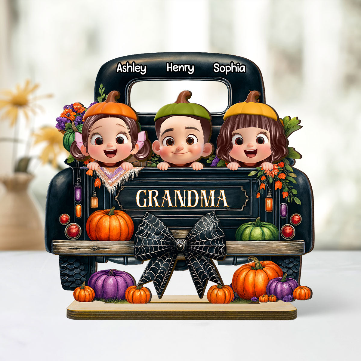 Grandkids Peeking on Halloween Truck Personalized Standing Wooden Plaque, Fall Halloween Decor for Grandma