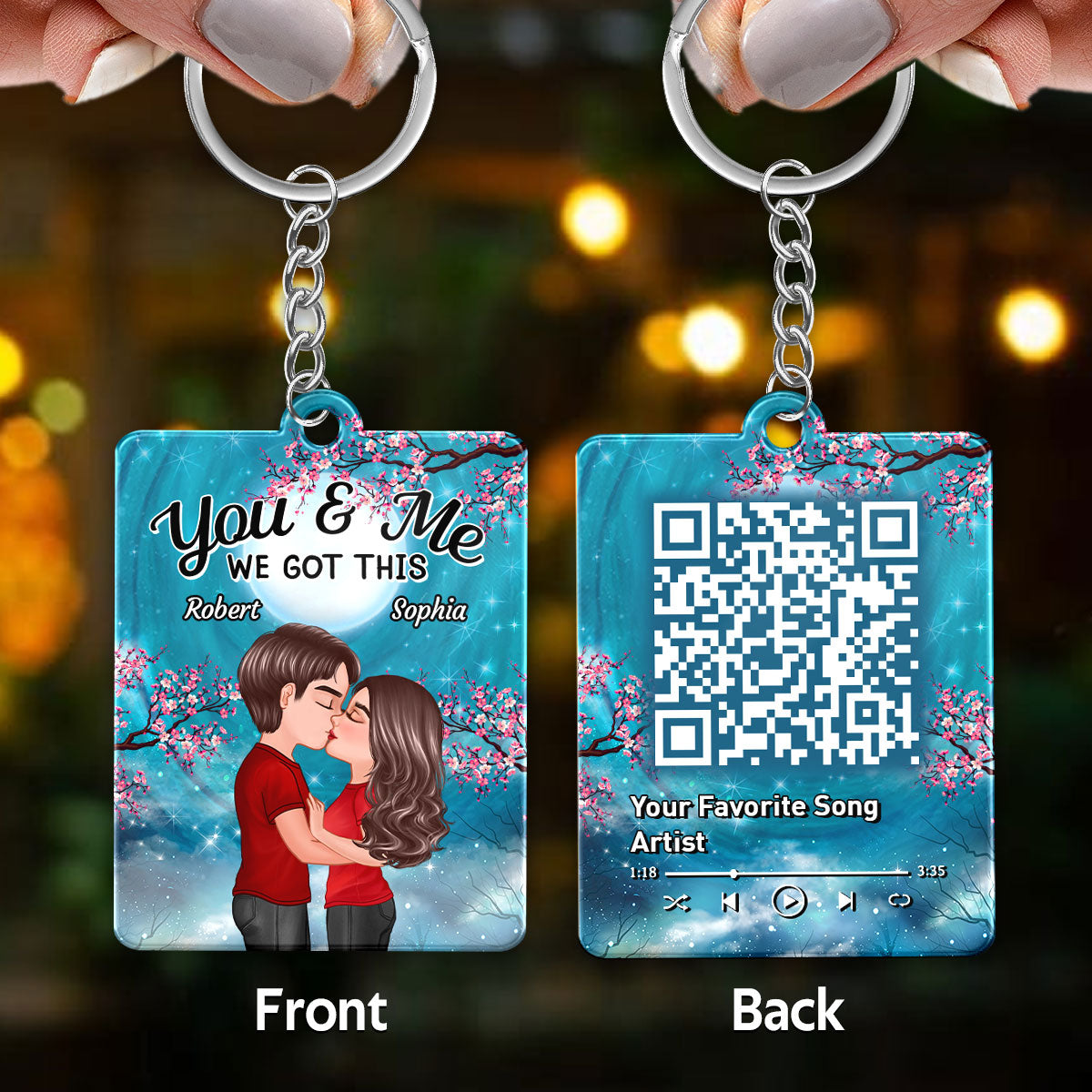 Doll Couple Kissing Blue Moon Blossom Favorite Song QR Code Personalized Acrylic Keychain