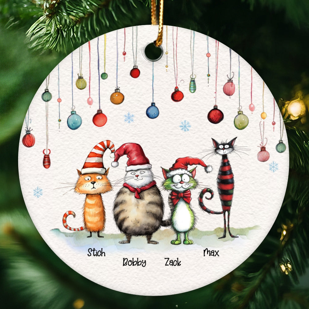 Quirky Christmas Cat Whimsical Funny Silly Holiday Cats Personalized Circle Ceramic Ornament