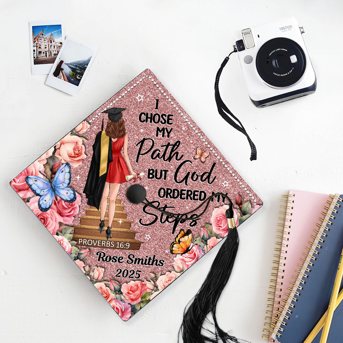 I Chose My Path God Ordered My Steps Personalized Graduation Cap Topper (Not Real Glitter)