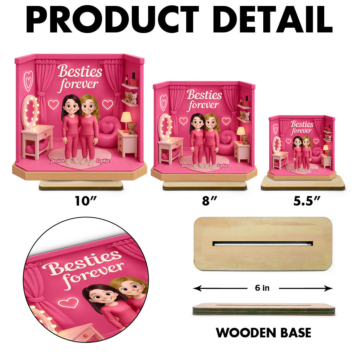 3D Effect Besties Pink Tone Dream Dollhouse Personalized Flat Standing Wooden Plaque