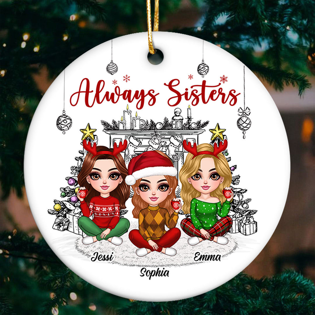 Christmas Outline Background Lovely Besties Personalized Ceramic Ornament