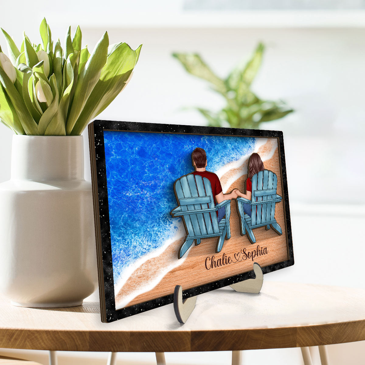Couple Sitting On The Seaside Personalized 2-Layer Wooden Plaque