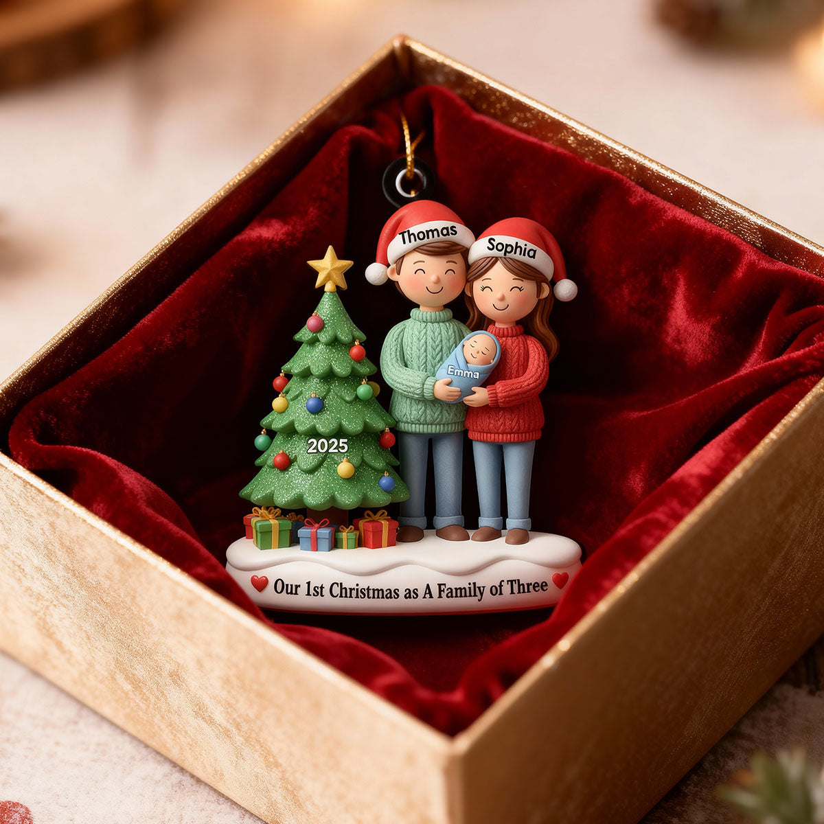 3D Effect First Christmas As Family Of Three Mom Dad & Baby By Tree - Personalized Acrylic Ornament