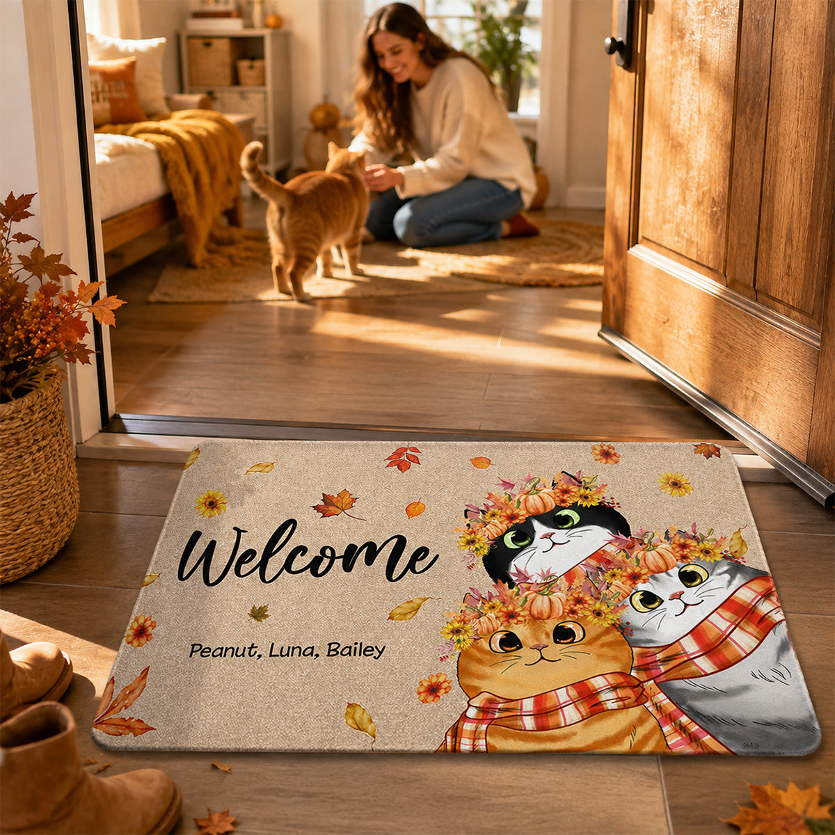 Hello Fall Cute Fluffy Cat - Personalized Doormat - Fall Season Decor For Cat Lover