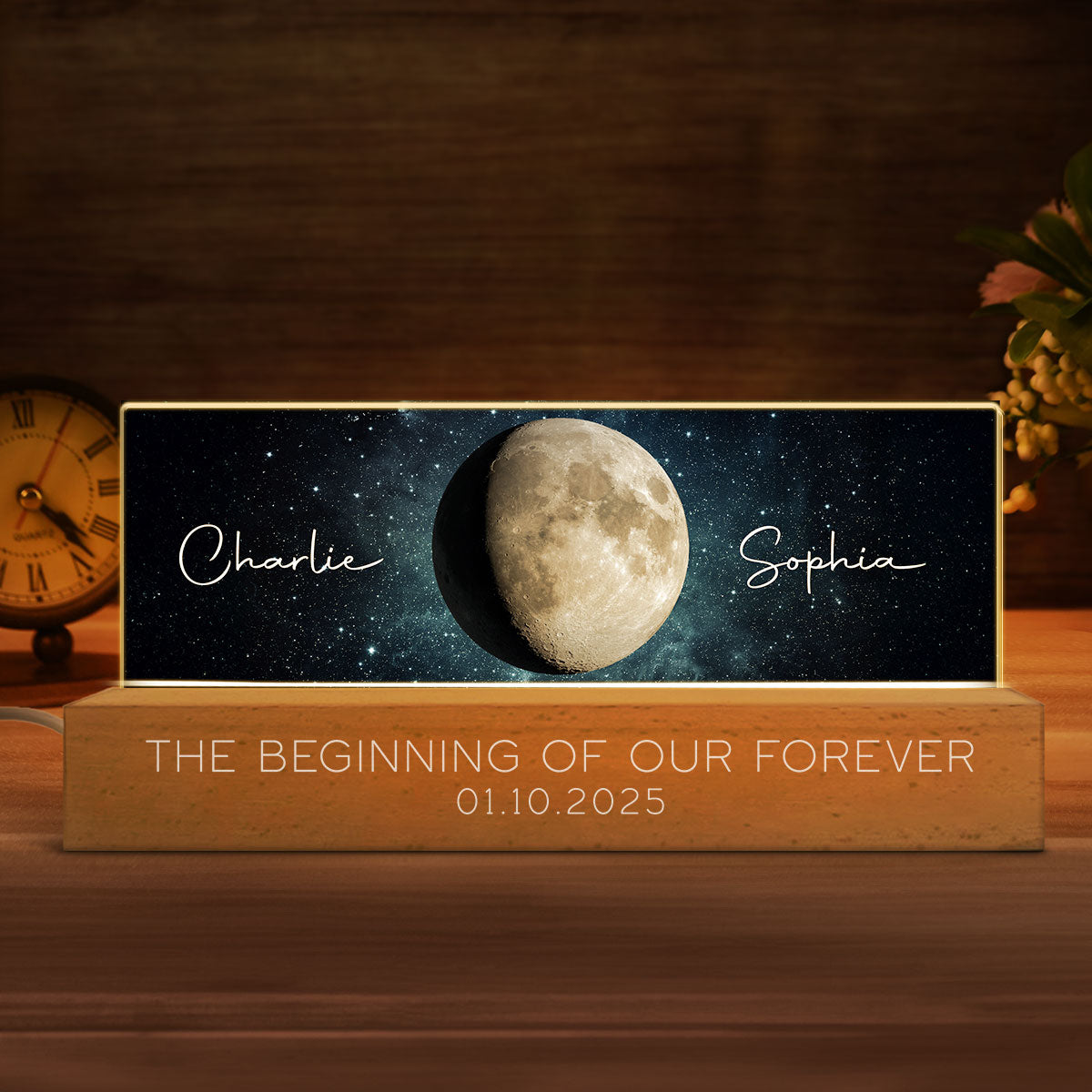 Our Moon Couple Gift Moon Phase Art Personalized Acrylic Block LED Plaque, Gift for Mom, Gift for Grandma, Gift for Wife
