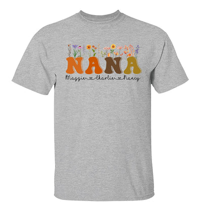 Fall Autumn Flowers Leaves On Text Grandma Mom Personalized Shirt
