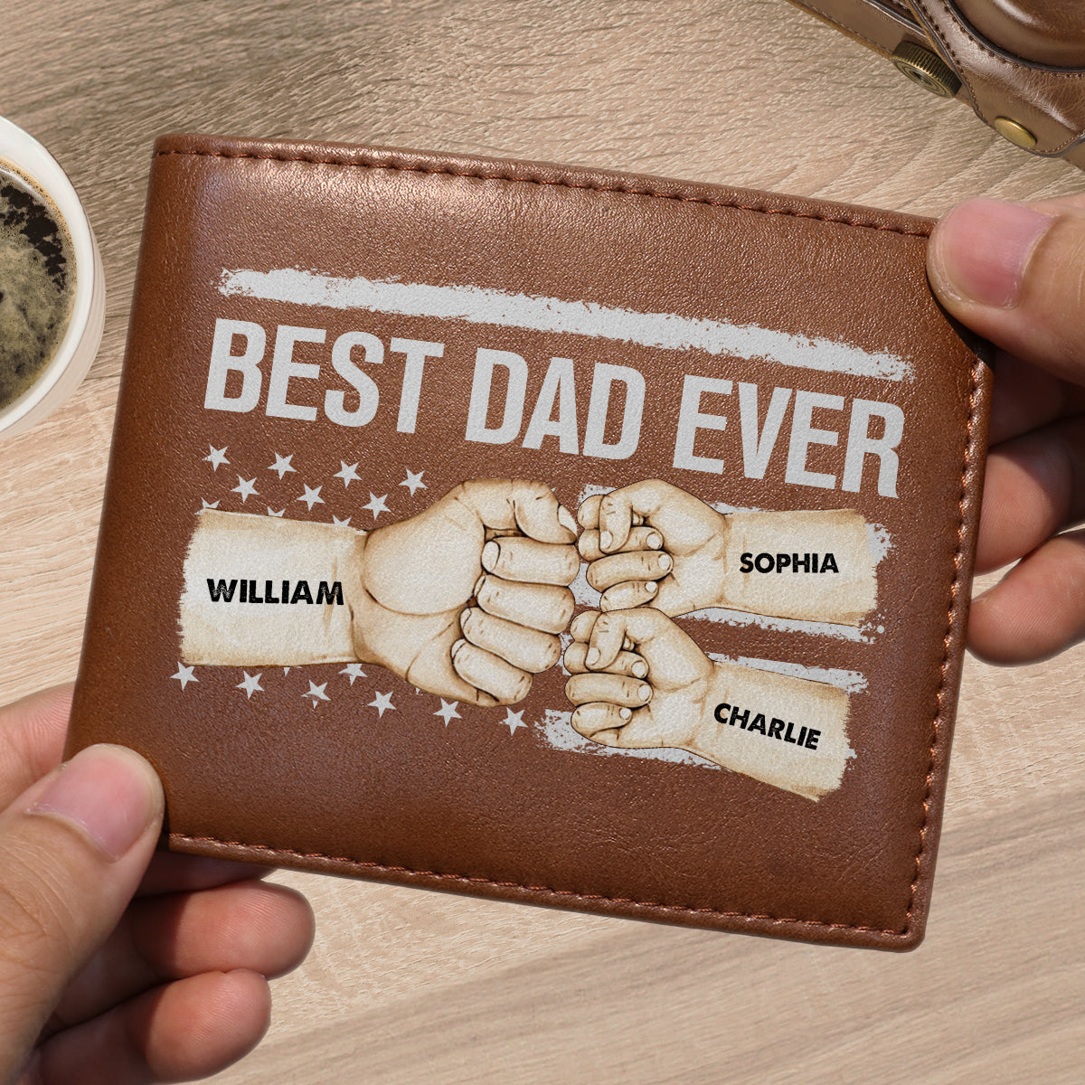 Best Dad Ever Flag Fist Bump Personalized Printed Leather Wallet, Gift For Husband, Dad